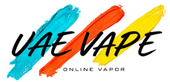 VAE VAPE Online Vapor logo featuring stylized black text over three diagonal paint brush strokes in blue, orange, and yellow on a white background.