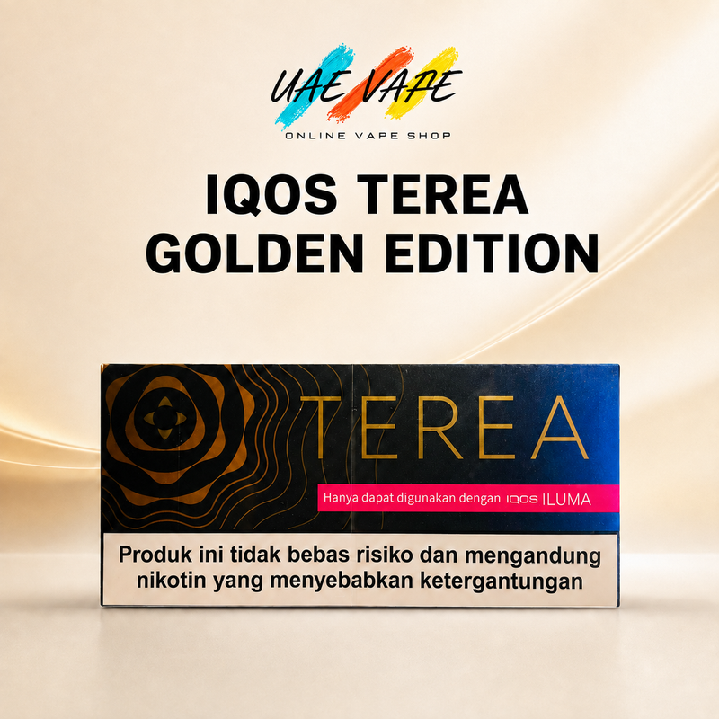 A product listing graphic for the UAE Vape Shop's 'IQOS TEREA GOLDEN EDITION'. The image features a box of the vape product on a warm beige background with a soft wave design.