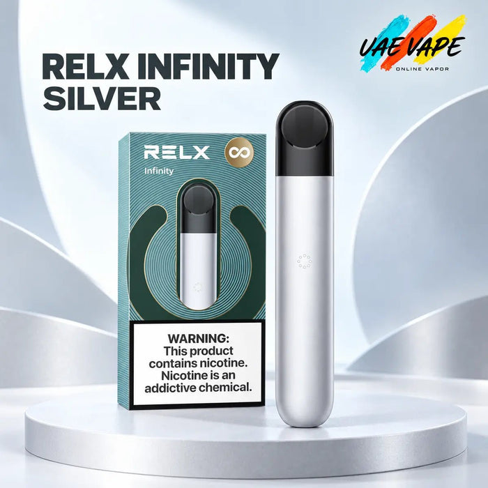 RELX Infinity Silver rechargeable pod device available in Dubai UAE