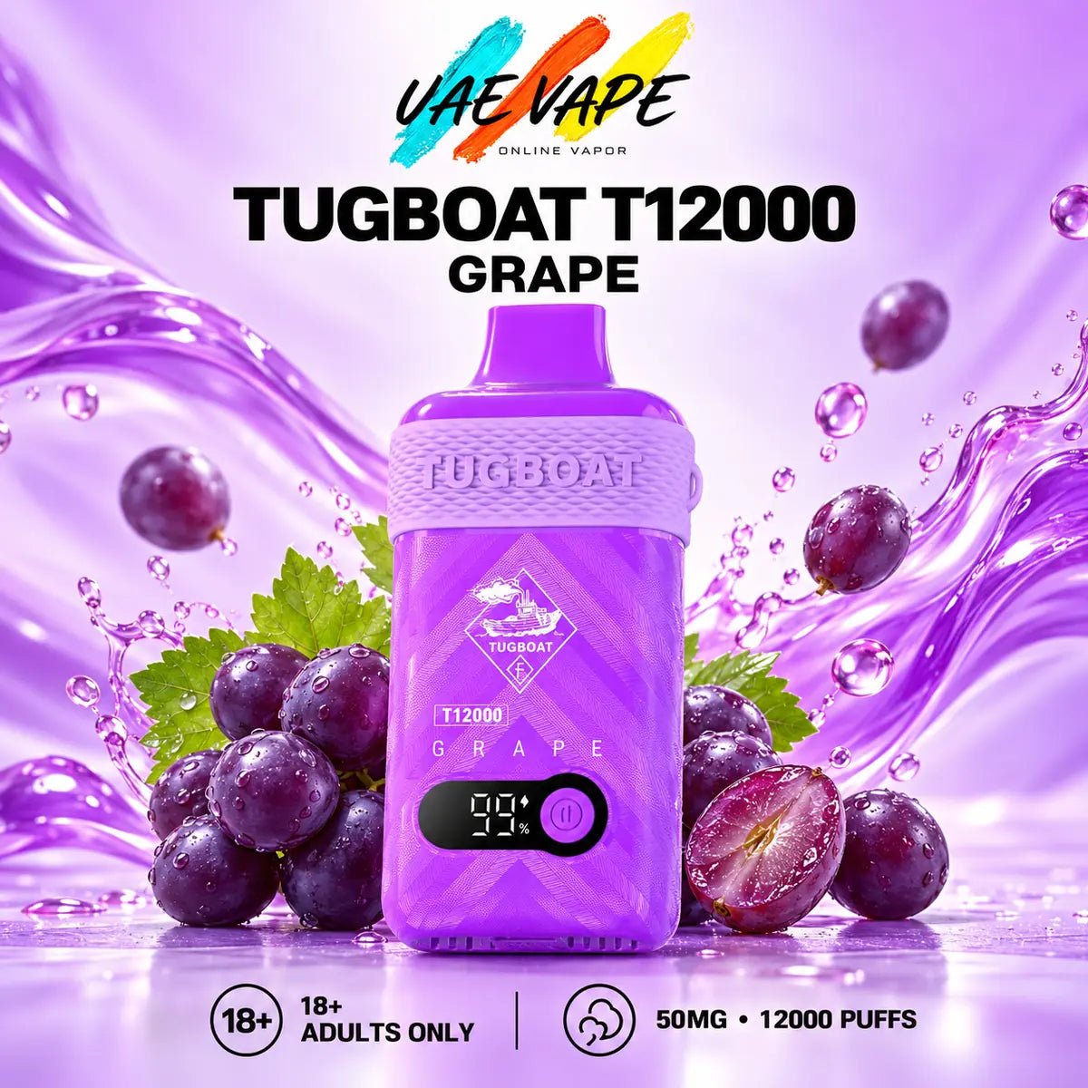 Tugboat T12000 Puffs Grape 50mg disposable vape with up to 12,000 puffs in Dubai UAE