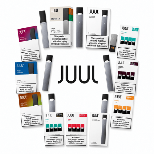 A collage of JUUL disposable vape devices and their retail packaging