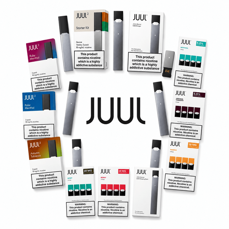A collage of JUUL disposable vape devices and their retail packaging