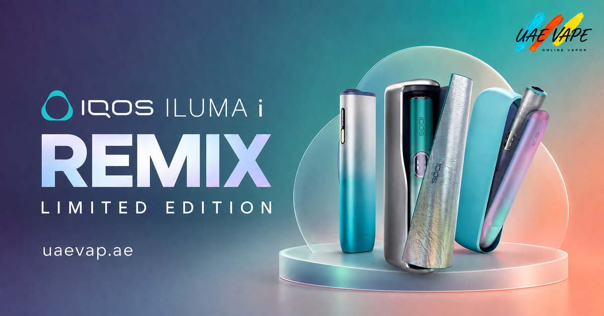 Promotional graphic for the IQOS ILUMA i REMIX LIMITED EDITION, showing several vape devices in metallic blue, silver, and iridescent finishes on a white circular pedestal against a blue-to-orange gradient background. The text 'IQOS ILUMA i REMIX LIMITED EDITION' is prominently displayed on the left, with 'uaevap.