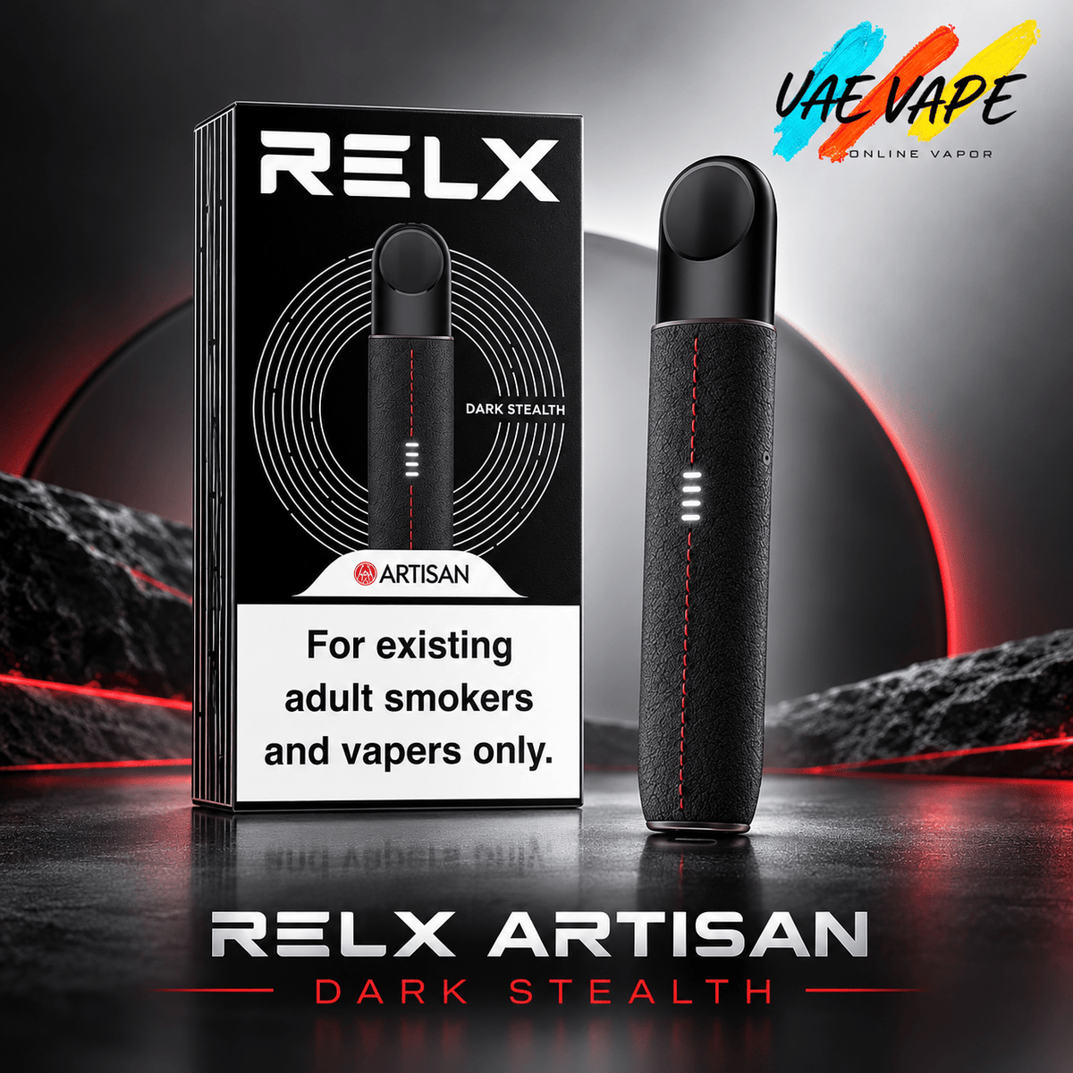 RELX Artisan Dark Stealth rechargeable pod device with original box available in Dubai UAE