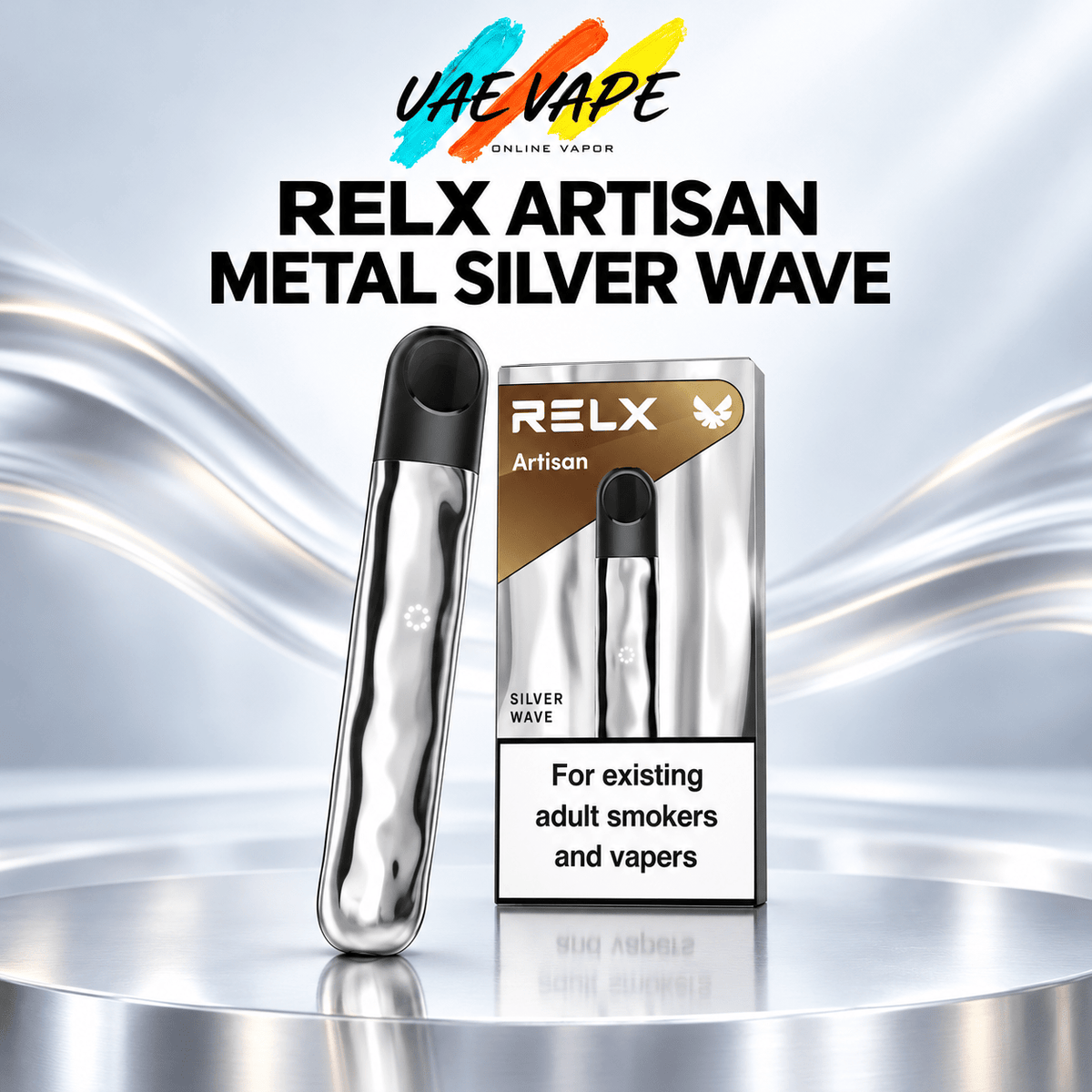 Relx Artisan Metal Silver Wave rechargeable device available in Dubai UAE