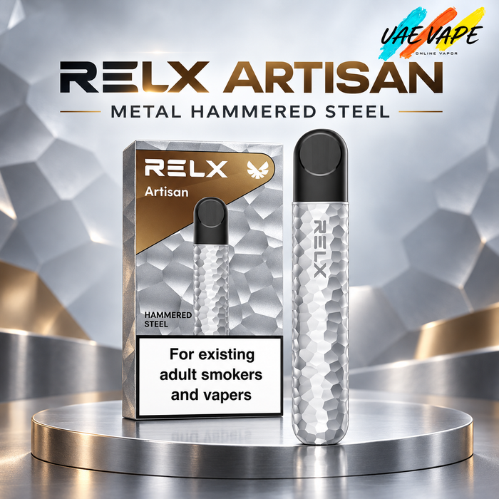 A RELX Artisan disposable vape device and its retail box displayed on a metallic pedestal, with large RELX branding and a UAE Vape logo on a silver geometric background.
