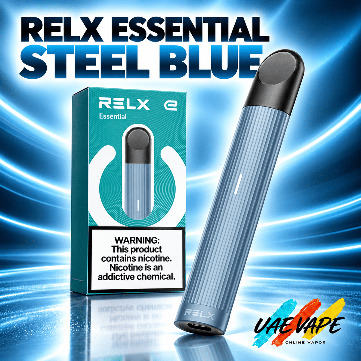 RELX Essential Steel Blue rechargeable pod vape device with retail box in Dubai UAE