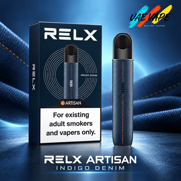 RELX Artisan Indigo Denim leather pod device with original box available in Dubai UAE