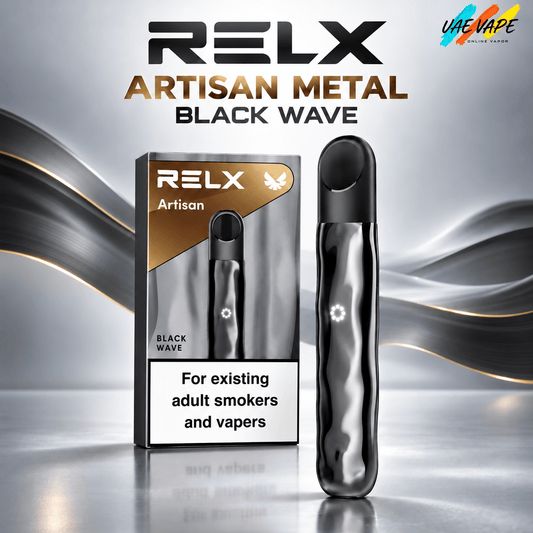 RELX Artisan Metal Black Wave device and retail box available in Dubai UAE