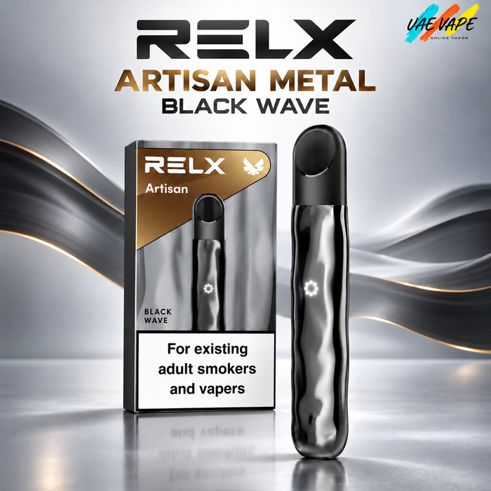 RELX Artisan Metal Black Wave device and retail box available in Dubai UAE