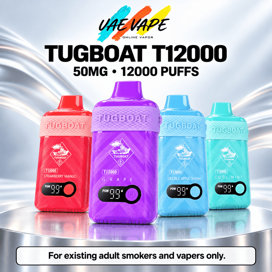 Tugboat T12000 Puffs rechargeable disposable vape available in 16 flavours from UAE VAPE