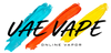 VAE VAPE Online Vapor logo featuring stylized black text over three diagonal paint brush strokes in blue, orange, and yellow on a white background.