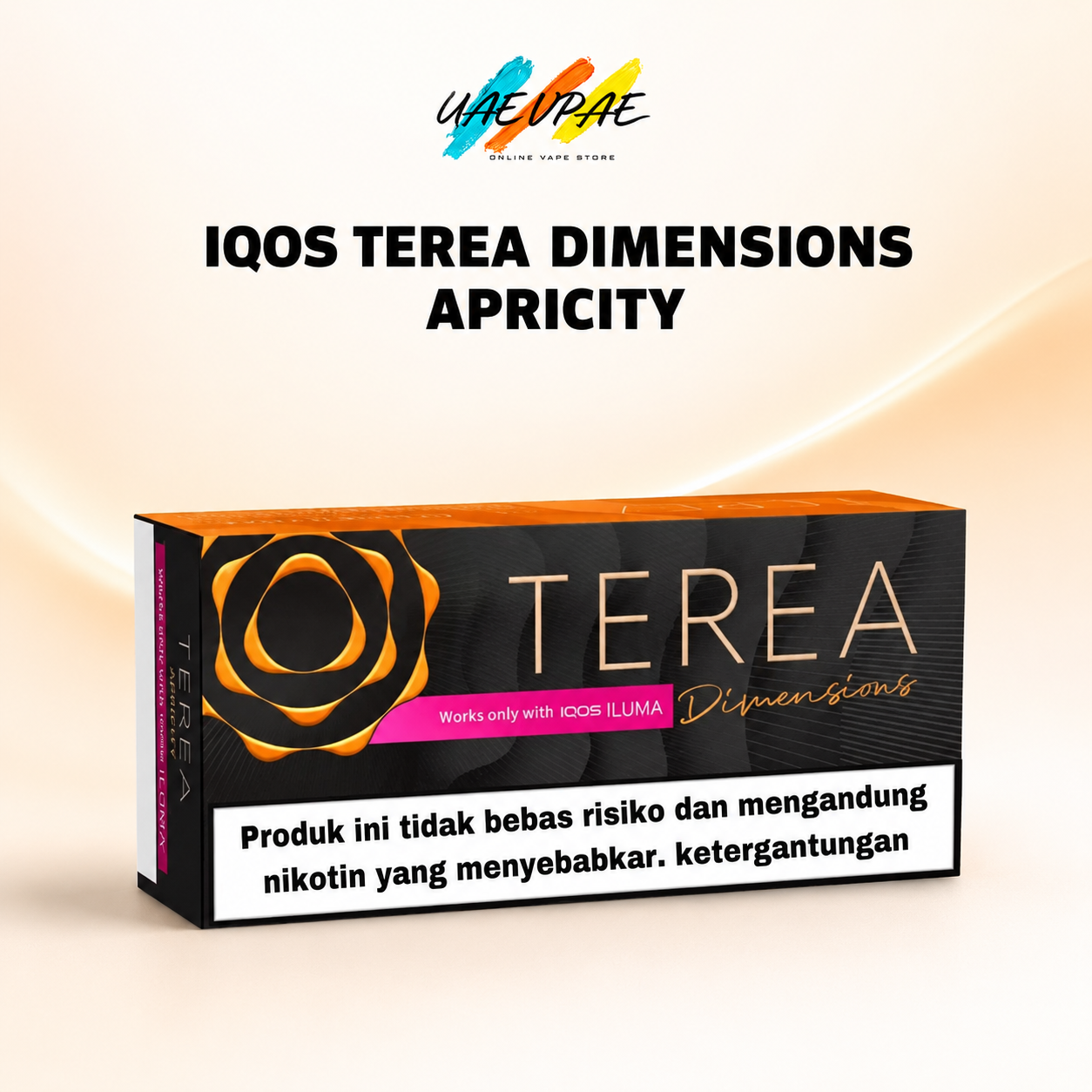 A boxed vape product labeled 'TEREA Dimensions' with a black and orange package design, shown on a light beige background with the text 'IQOS TEREA DIMENSIONS APRICITY' and the UACUPAE logo above it.