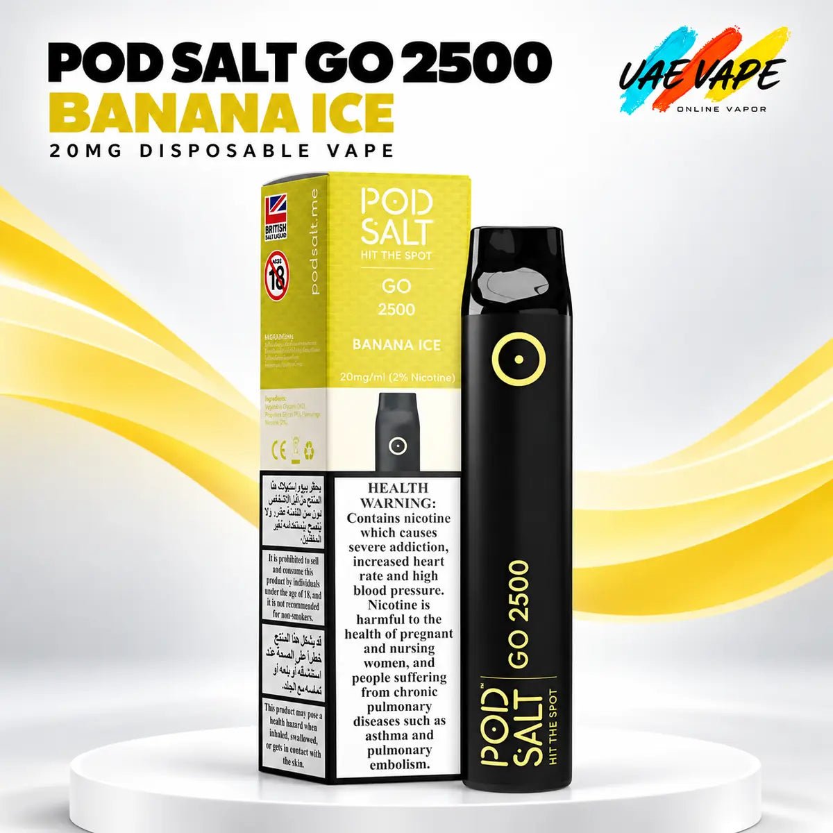 Pod Salt Go 2500 Banana Ice 20mg disposable vape with box in Dubai UAE