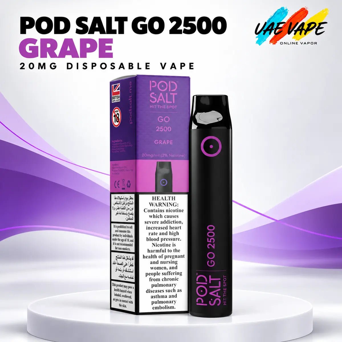 Pod Salt Go 2500 Grape 20mg disposable vape with box in Dubai UAE