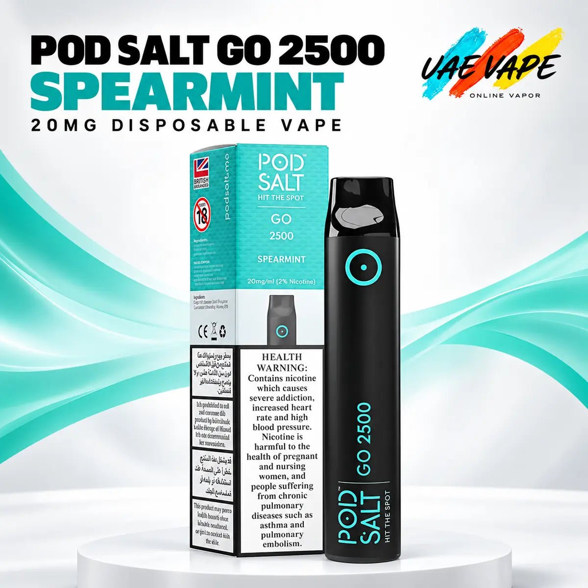 Pod Salt Go 2500 Spearmint 20mg disposable vape with box in Dubai UAE