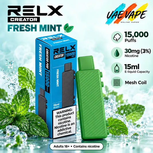 RELX Creator Fresh Mint 15000 Puffs 30mg 3% replacement pod in Dubai UAE
