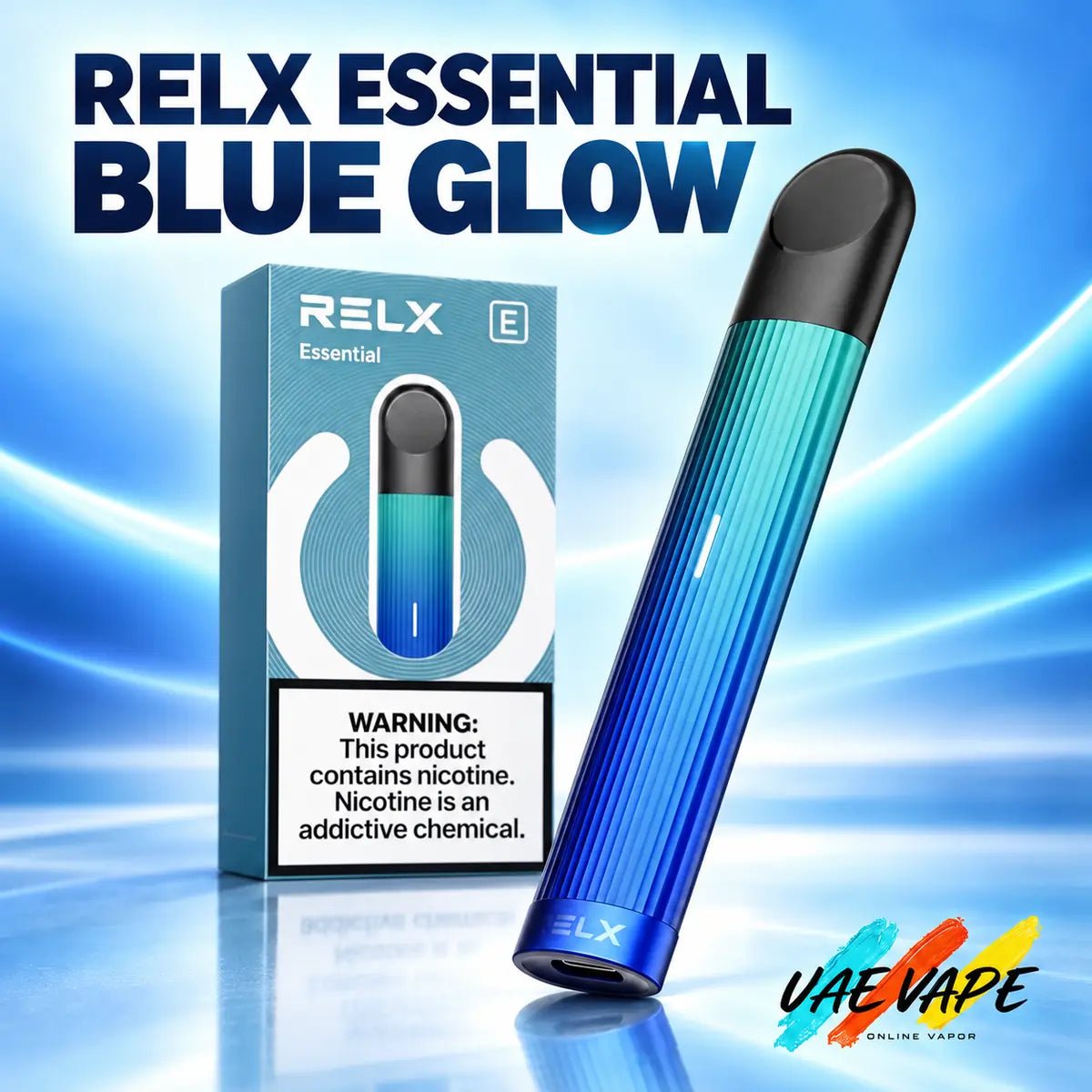 RELX Essential Blue Glow rechargeable vape device with retail box in Dubai UAE