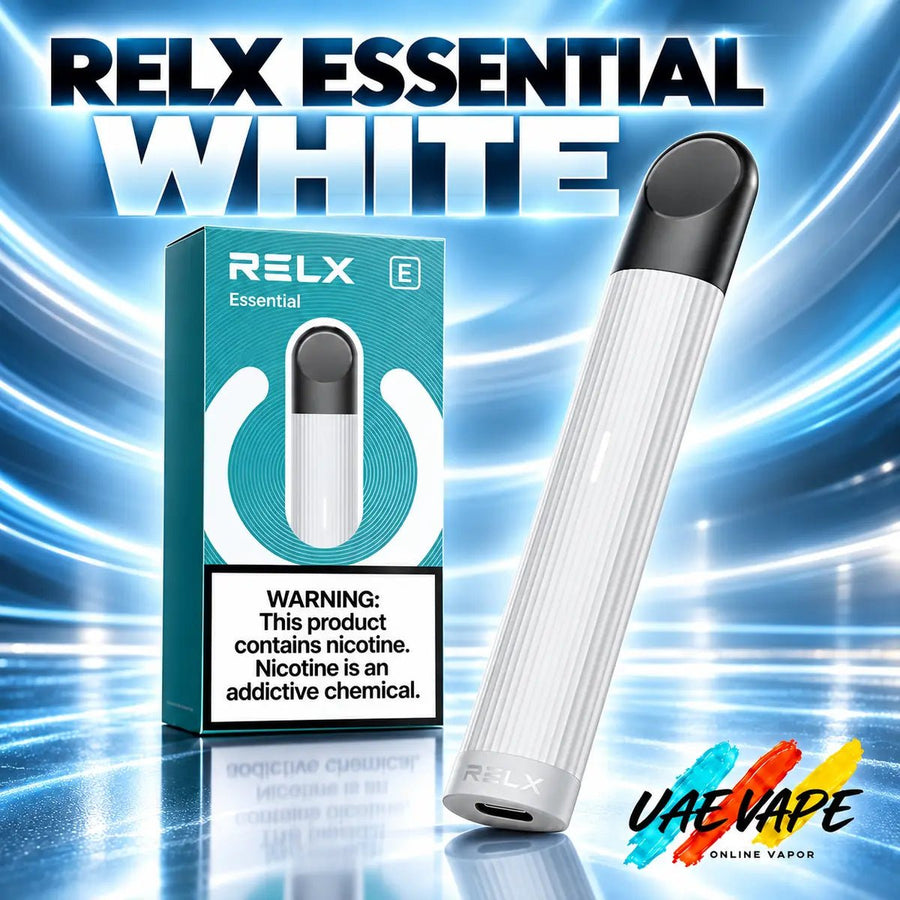 Relx Essential White rechargeable pod vape device available in Dubai UAE