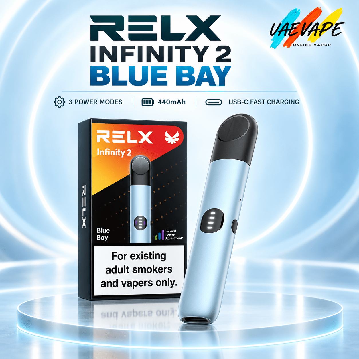 RELX Infinity 2 Blue Bay vape device with retail box and three power modes in Dubai UAE