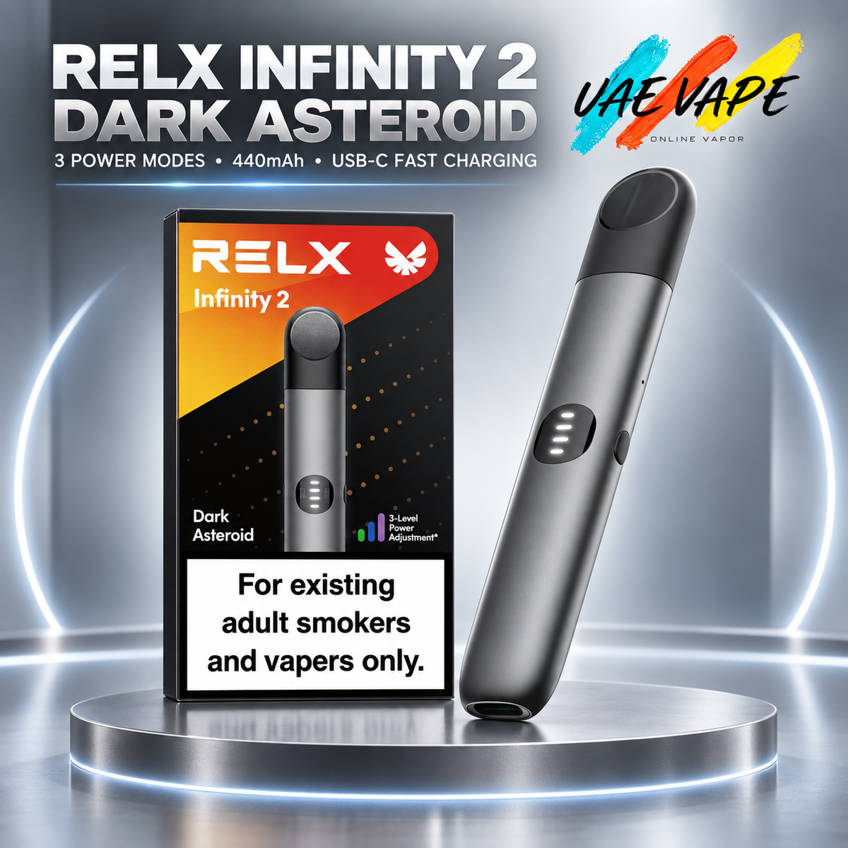 RELX Infinity 2 Dark Asteroid rechargeable vape device with retail box in Dubai UAE