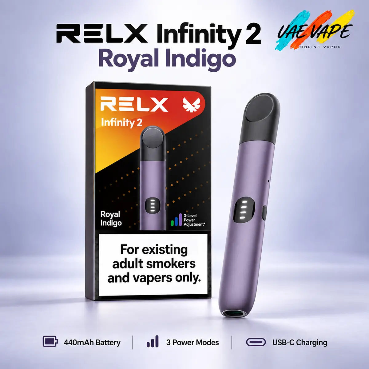 Royal Indigo RELX Infinity 2 device with three adjustable power modes and USB-C charging