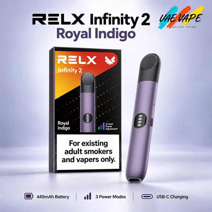 Royal Indigo RELX Infinity 2 device with three adjustable power modes and USB-C charging