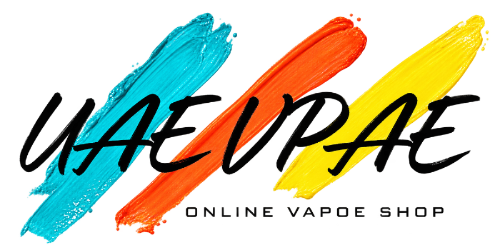 A digital logo for 'UAE VPAE Online Vapoee Shop' featuring stylized black brushstrokes of blue, orange, and yellow behind the text, on a solid white background.