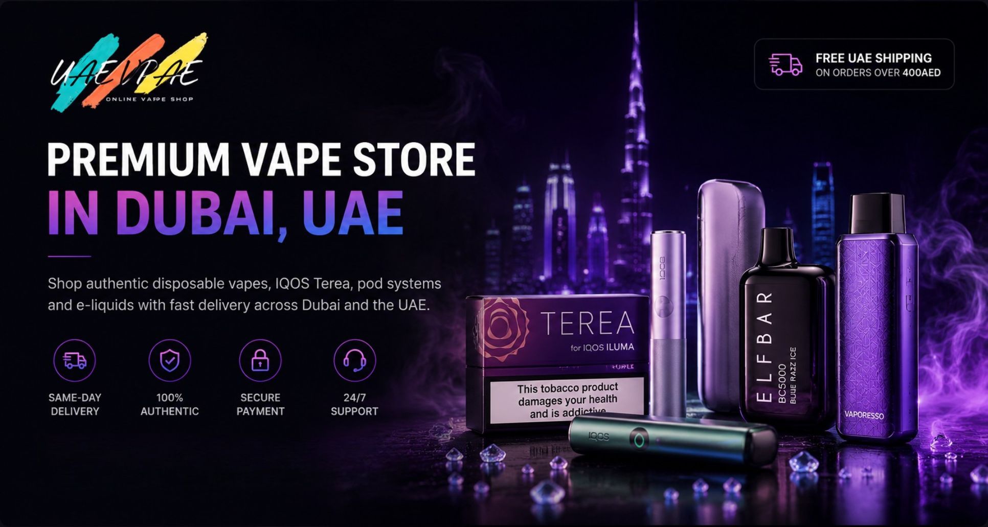 Premium vape store banner in Dubai UAE featuring disposable vapes, IQOS devices and modern vaping products